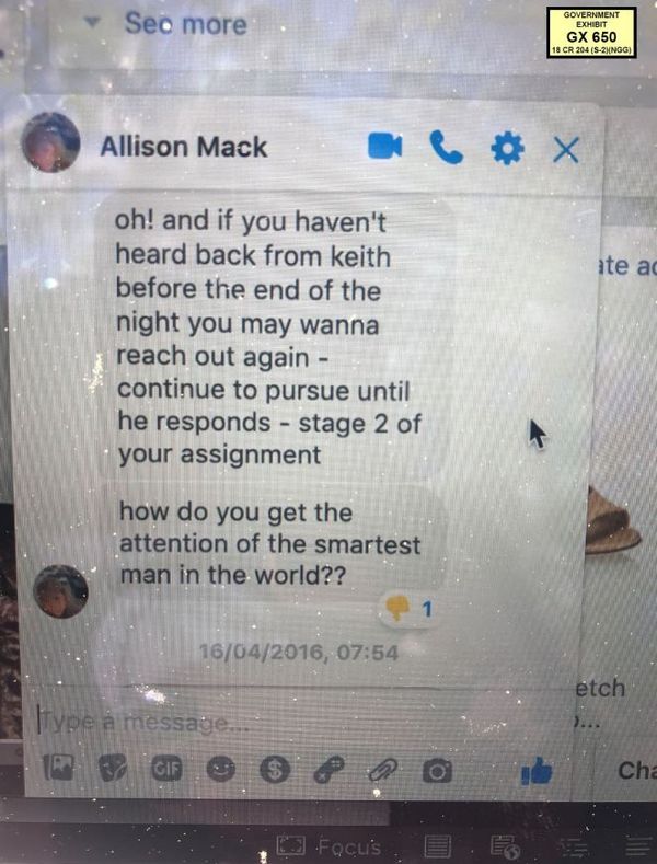 Allison Mack ordered Nicole to make contact with Keith Raniere. Nicole thus began communicating with Raniere and the nature of her communications were not permitted to be introduced as evidence at the trial by the defense. The claim is that the texts and emails would have shown that Nicole was consenting to a sexual relationship with Raniere and that, in fact, she sought him out. The prosecution claimed that her texts and emails and other visible signs of consent were only given because she was under duress because she gave collateral to Mack, and this was an unseen force driving her to make these efforts at seeking out and seducing Raniere.