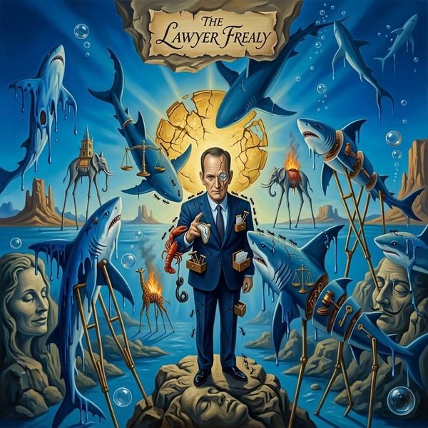 Surreal painting titled 'The Lawyer Freay' showing a businessman in a blue suit on a rocky pedestal, surrounded by sharks and legal icons in an ocean scene.