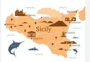 Sicily is an island with lots of good things including swordfish swimming around it.