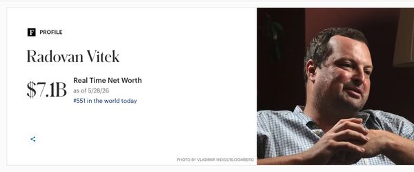 Profile card for Radovan Vitek: real-time net worth $7.1B as of 5/28/26, ranking #551 in the world today, with his portrait on the right.