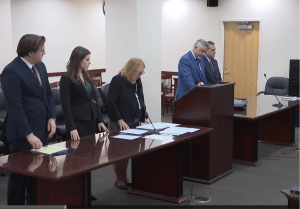 Inside the courtroom of State Supreme Court Justice William Bolller are L-R Erie County Assistant District Attorneys Kathleen Roemer, and Lynette Reda, defense attorney, James Nobles and the defendant Steve Pigeon.