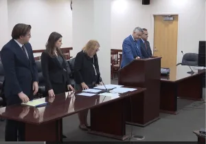 Inside the courtroom of State Supreme Court Justice William Bolller are L-R Erie County Assistant District Attorneys Kathleen Roemer, and Lynette Reda, defense attorney, James Nobles and the defendant Steve Pigeon.