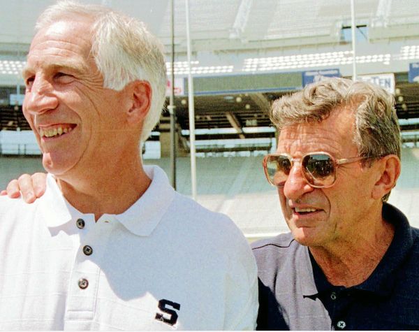 A young Jerry Sandusky with Joe Paterno