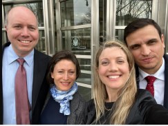 Nicki Clyne outside the courthouse in Brooklyn with codefendants Brandon Porter, Danielle Roberts and colleague Eduardo Asunsulo.