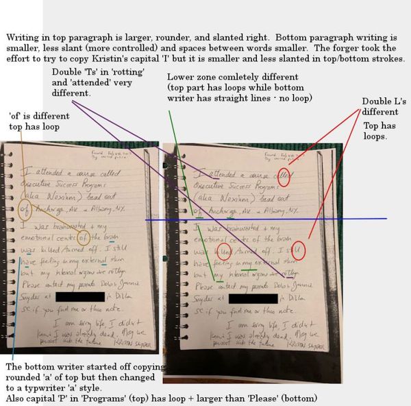 The supposed suicide note found in Kristin's car is the sole piece of evidence tying the fate of Kristin Snyder to suicide. So the matter of whether it can be confirmed to have been written by her is of paramount importance.