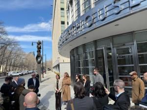 Jennifer Bonjean, counsel for Nicole Daedone, outside the courtroom talking to press.