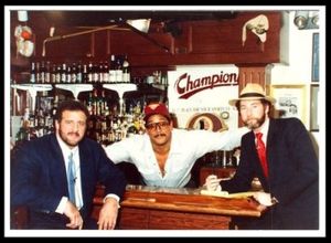 Redskins Saturday Night TV Show with Pete Wysocki, George Starke, Tony Kornheiser and Charles Mann at Champions Sports Bar Washington DC. c1984.