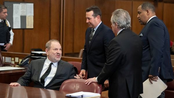 Old Harvey Weinstein with his lawyer, including Ron Sullivan [r]