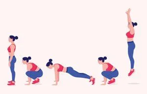 A burpee is a five-part movement as shown in this illustration.