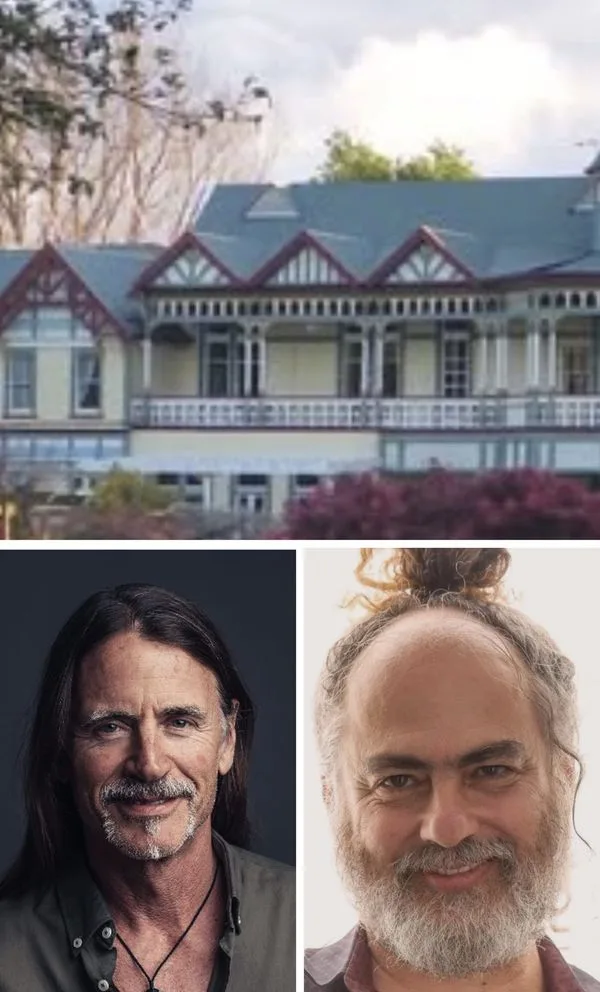 Collage: a large Victorian-style house with a teal roof and decorative gables at top; two portraits below show a man with long dark hair and goatee on the left and a smiling bearded older man on the right