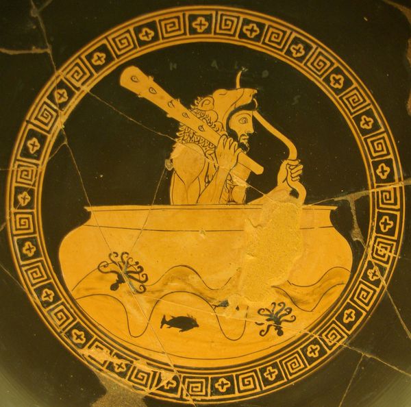 The kylix displays the demi-god Hercules, who is equipped with his club and lion-skin with which he was commonly depicted in Greek mythology.