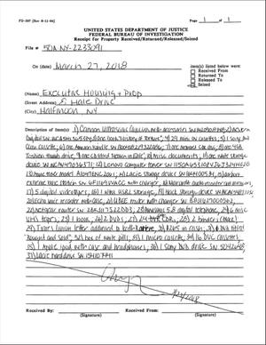 Receipt of the items seized from 8 Hale Drive on March 27, 2018