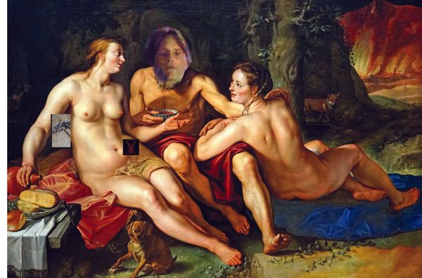 This is a photo shopped reproduction of a painting with Mr. Raniere as a lecherous old father with two 'spiritual' daughters.