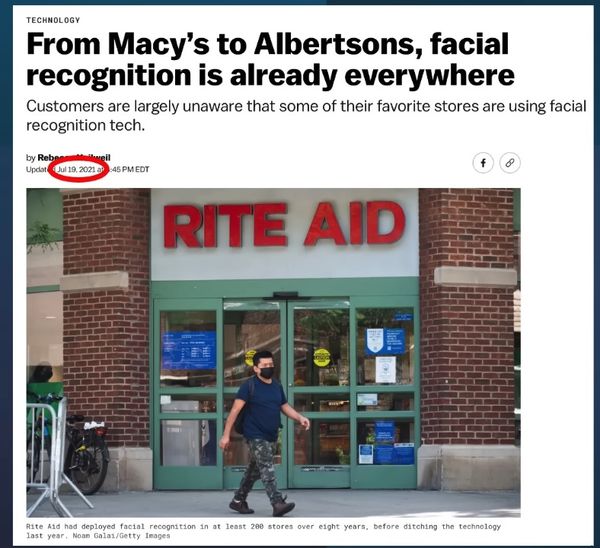 Person wearing a mask exits a Rite Aid store, illustrating the article's topic on facial recognition in retail.