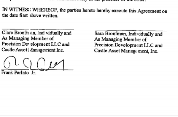 Par for the course, Clare and Sara Bronfman did not sign the LOI agreement - but they wired the $1 million as if the contract was in force. Frank Parlato, anticipating that he was dealing with honest people signed the agreement and performed the necessary work under the terms of the LOI, assuming that since the Bronfmans wired the money, they were operating under the LOI.