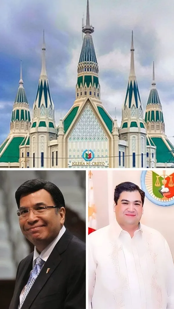 Collage: a cathedral with green teal spires above, two men in suits posing for photos below.