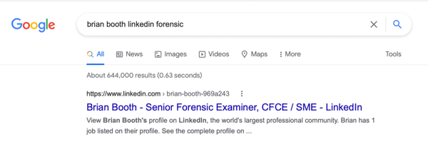 FBI Senior Forensic Examiner Brian Booth's LinkedIn URL was https://www.linkedin.com/in/brian-booth-969a243
