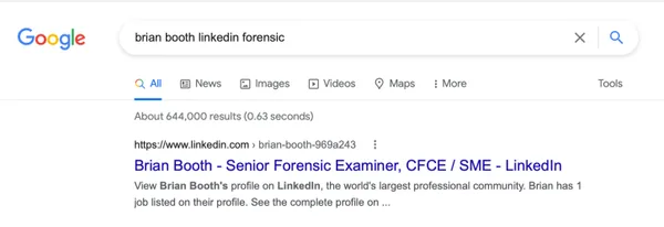 FBI Senior Forensic Examiner Brian Booth's LinkedIn URL was https://www.linkedin.com/in/brian-booth-969a243
