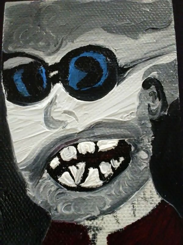 Marie White's impressive painting of Keith Alan Raniere as 'Queef."  Raniere reportedly adopted that name when he sneaked out to swinger's clubs in Rochester New York allegedly in company of a teller blond man. .