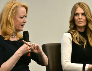 Barbara Bouchey [l] tells the audience of her experiences with Nxivm as Catherine Oxenberg looks on.
