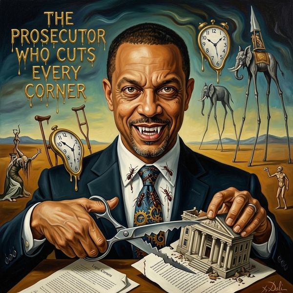 Satirical painting of a smiling lawyer in a suit cutting a courthouse model with scissors, melting clocks in the background and a desert landscape behind him.