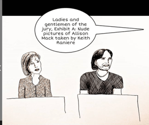 MK10 Art sketch of Allison Mack and Keith Raniere on trial, Mack avoided trial by taking a plea deal.