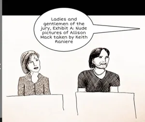 MK10 Art sketch of Allison Mack and Keith Raniere on trial, Mack avoided trial by taking a plea deal.