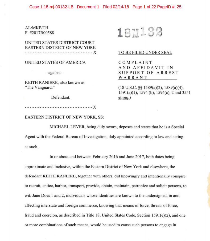 Keith Raniere’s Unsealed Arrest Warrant