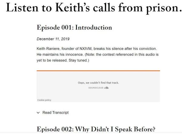 Screenshot from Raniere's speaks showing the audios have been removed by SoundCloud.