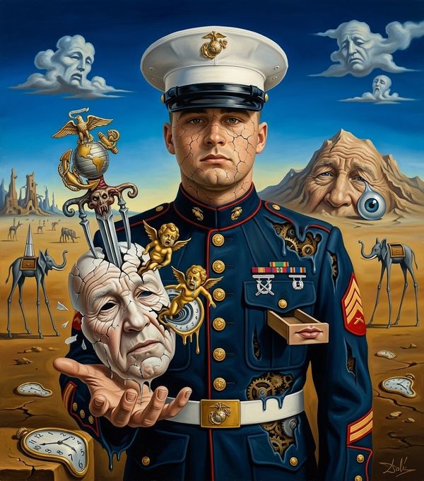 Surreal painting of a Marine in dress blues holding a cracked elderly man’s head in his hand, set in a desert landscape with odd sculptures and clouds. 125 characters max?