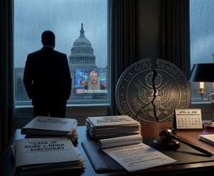 A man in a suit stands with his back to the camera, gazing at the rain-soaked window overlooking the U.S. Capitol, with a cracked government seal on the desk and stacks of papers nearby.