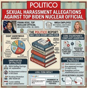 Infographic about sexual harassment allegations against a top Biden nuclear official, with sections for sources, the Politico report, and impact.