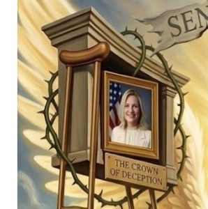 Political cartoon: framed portrait of a smiling woman on a wooden pedestal, encircled by a barbed crown and the title 'The Crown of Deception'.