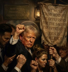 A political painting of a man with a raised fist amid protestors, a banner reading 'We must stand against the oppressors for the sake of the oppressed — This is America'