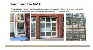 Facade photos of Reuchlstraße 10-11: left shows a blue step and window, center a brick facade with white-framed glass doors, right a grid of glass panels in a metal frame.