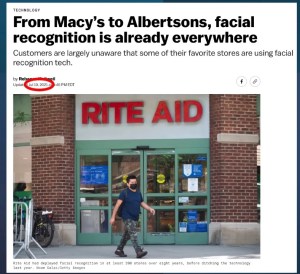 Person wearing a mask exits a Rite Aid store, illustrating the article's topic on facial recognition in retail.