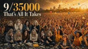Large cheering crowd with confetti, holding cash, while a city skyline appears in the background and the text '9/35000 That's All It Takes' is shown.